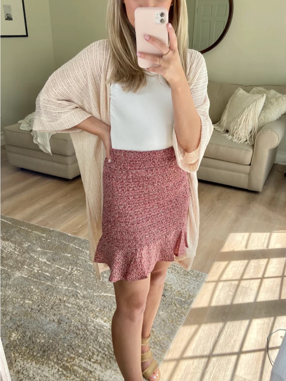 Women's Red Printed Smocked Mini Skirt with Ruffle Hem
